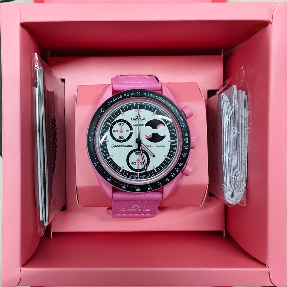 NWT Swatch Omega Pink Moonphase Watch - Full Set w/ Box & Papers - Picture 2 of 5